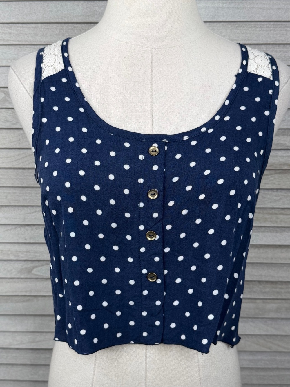 Navy Blue Sleeveless Polka Dot Crop Top with Lace Accents Girly Twee-Small
